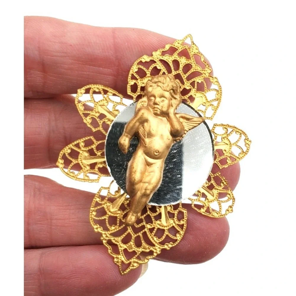 Vintage Cherub Mirror Brooch Gold Tone Filigree Putti Angel Victorian Revival
